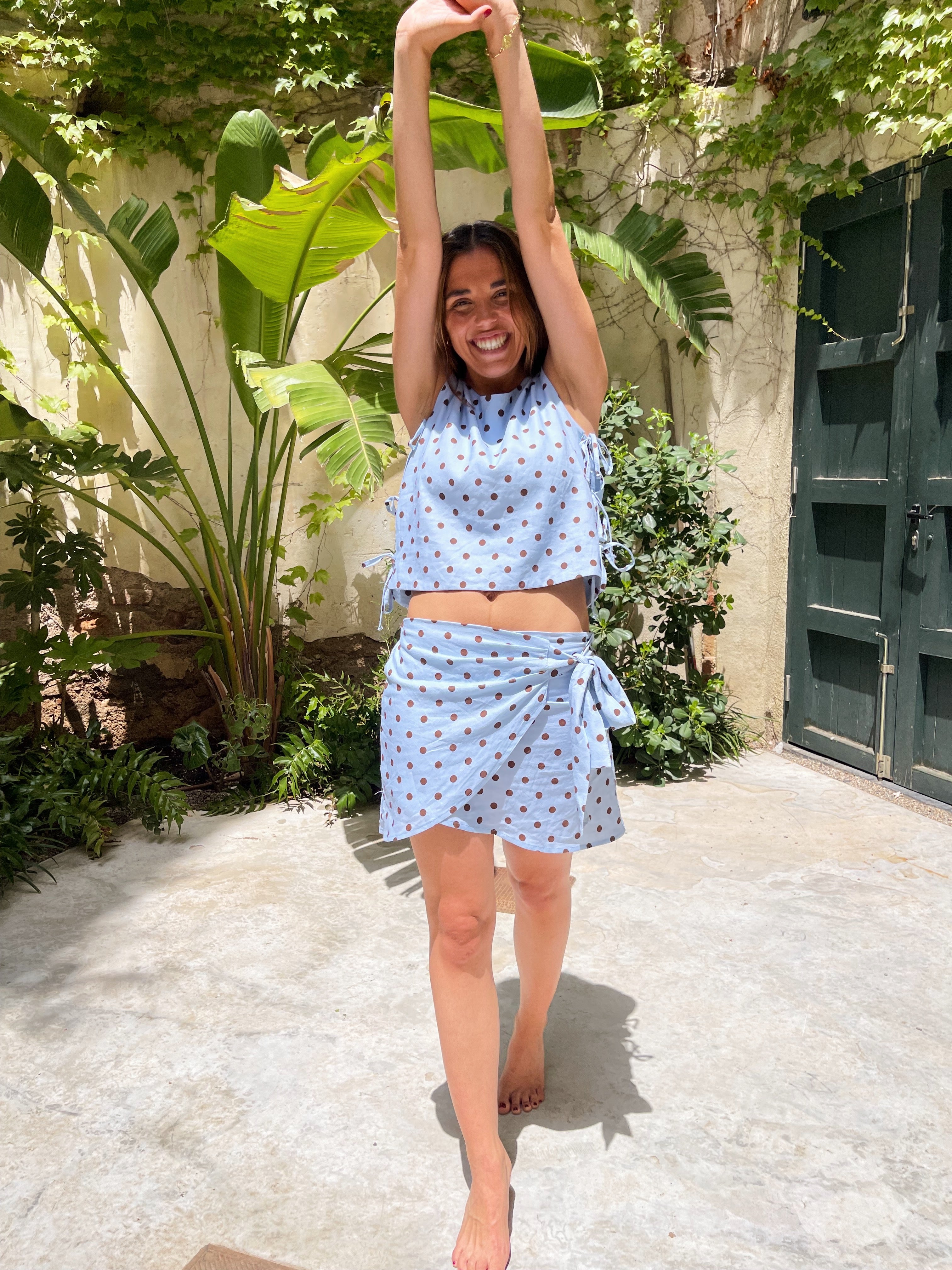 Macarena Top in Light Blue and Brown Polka Dots