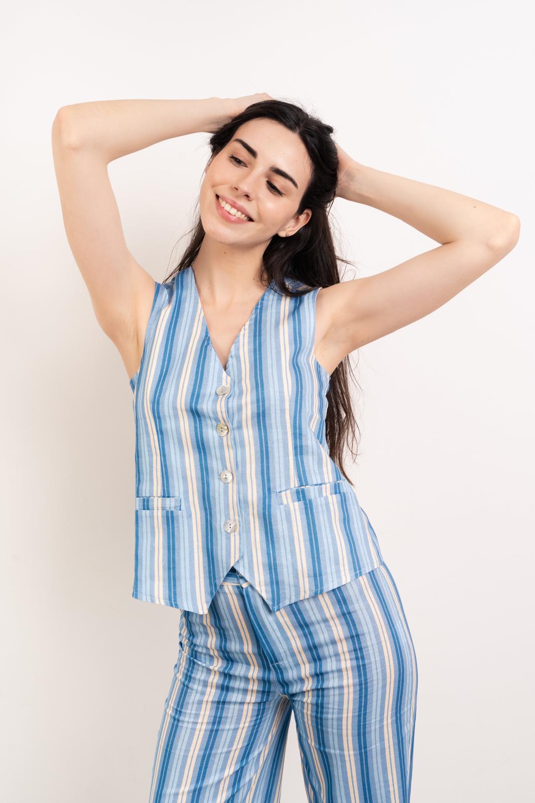 Top Chaleco Ana Azul Lino