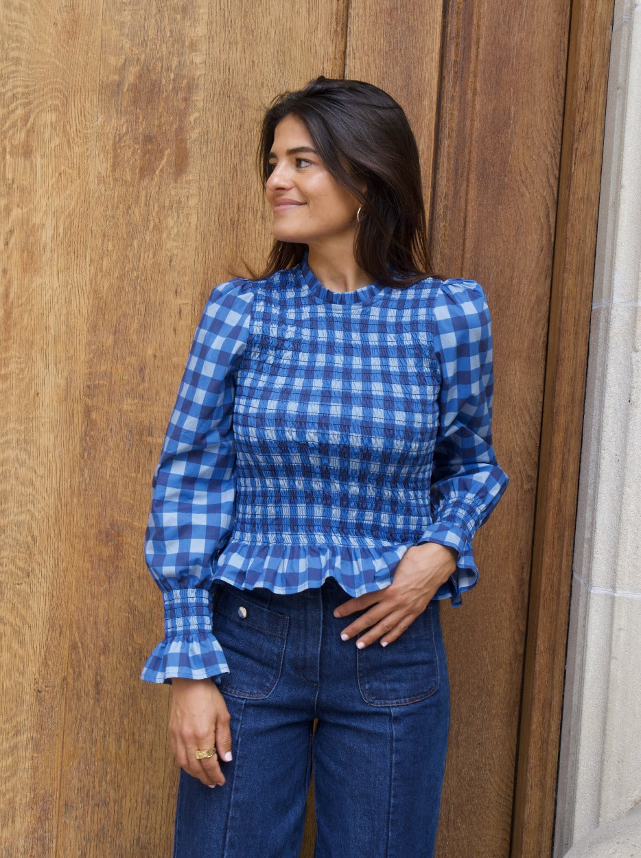 Blusa Chía Algodón Cuadros Azul Marino