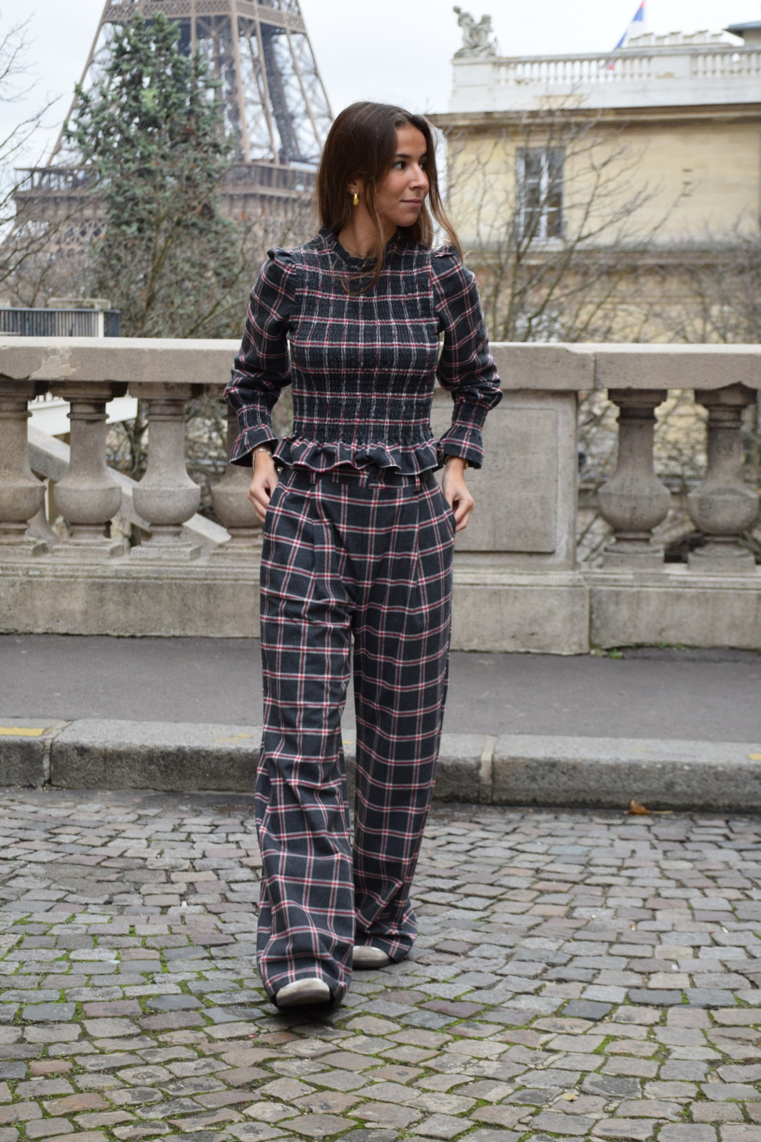 Blusa Chía Alia Cuadros Gris y Rojo