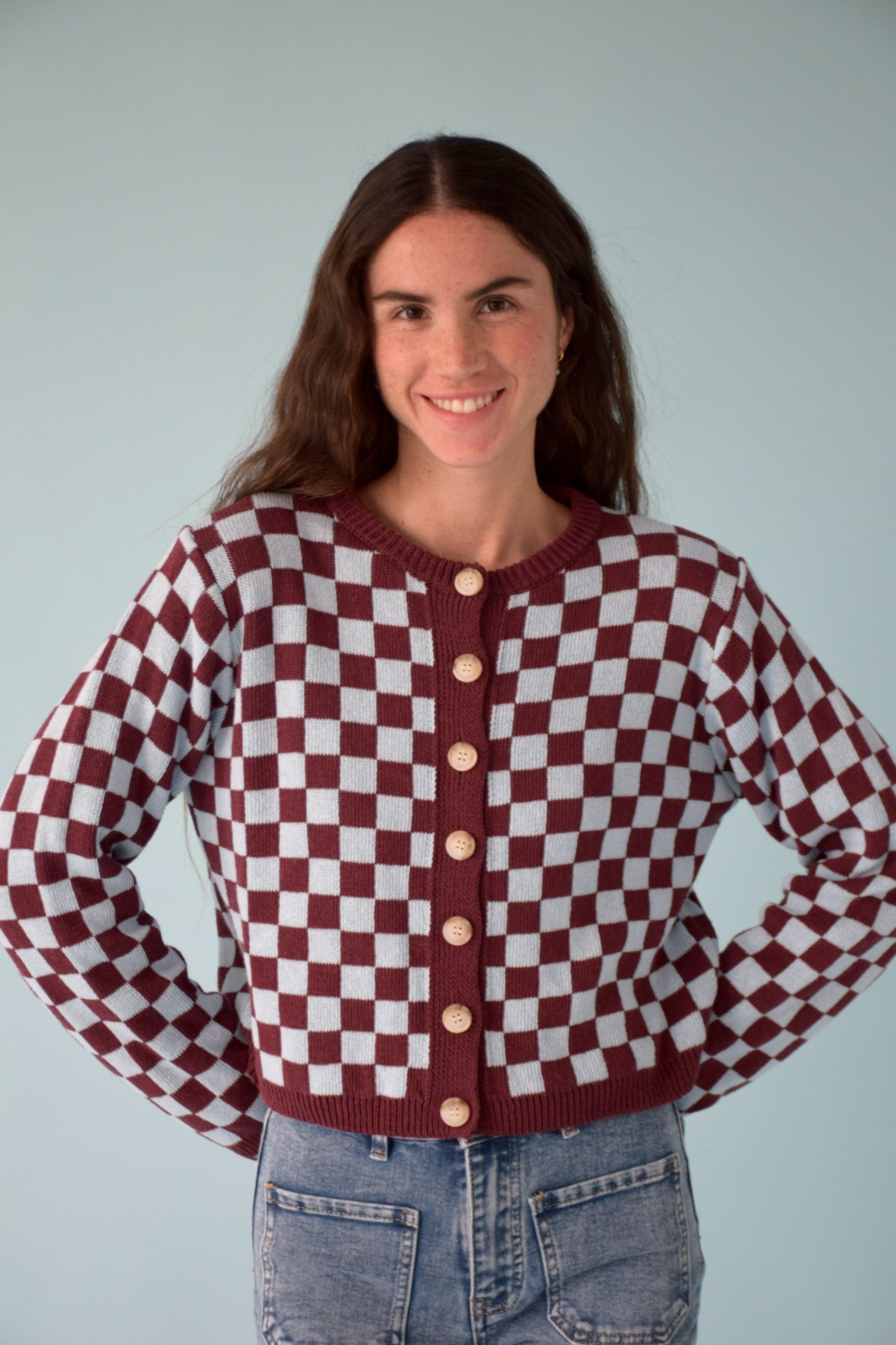 Cárdigan Martina Burgundy y Celeste