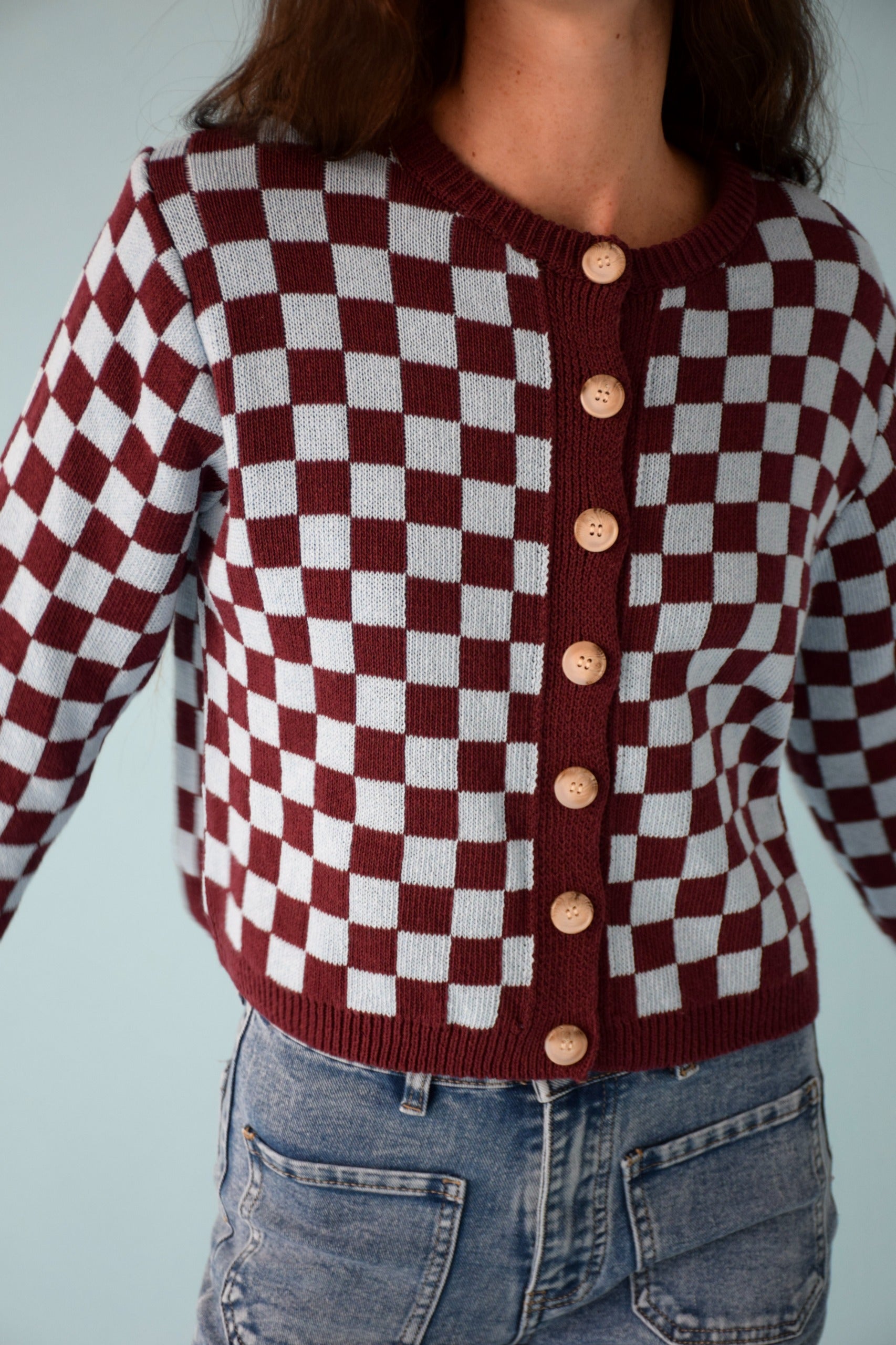 Cárdigan Martina Burgundy y Celeste