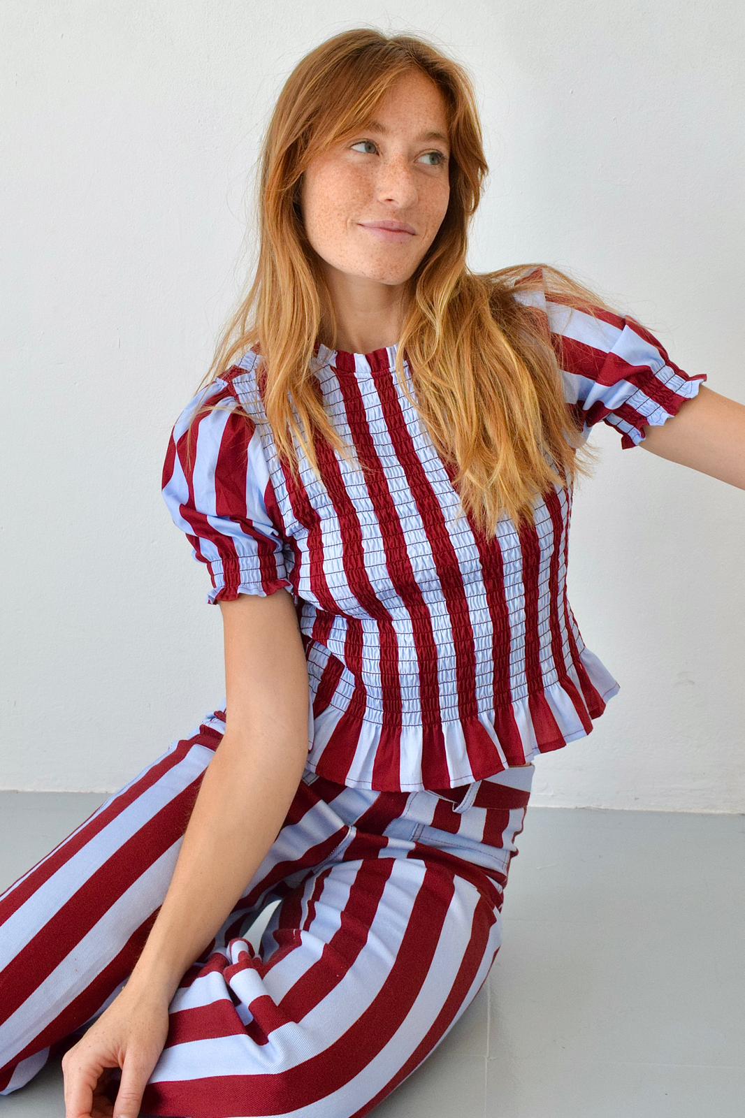 Blusa Chía Rayas Burgundy y Celeste Manga Corta