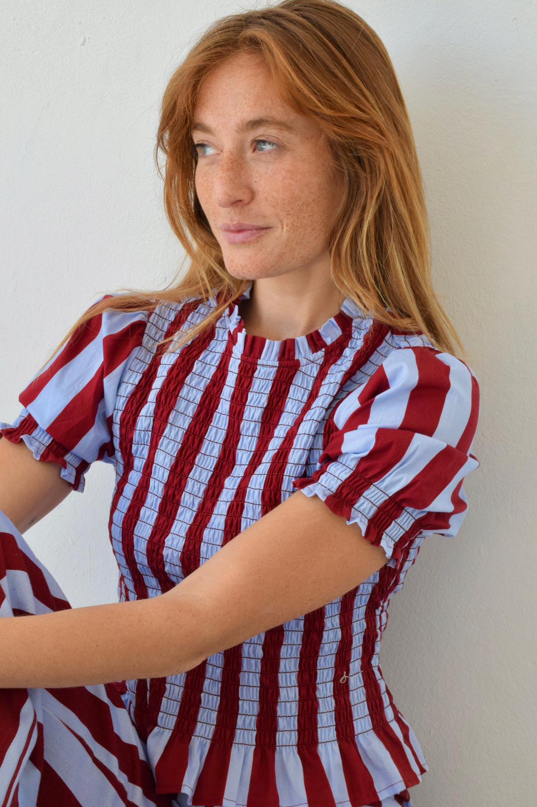 Blusa Chía Rayas Burgundy y Celeste Manga Corta