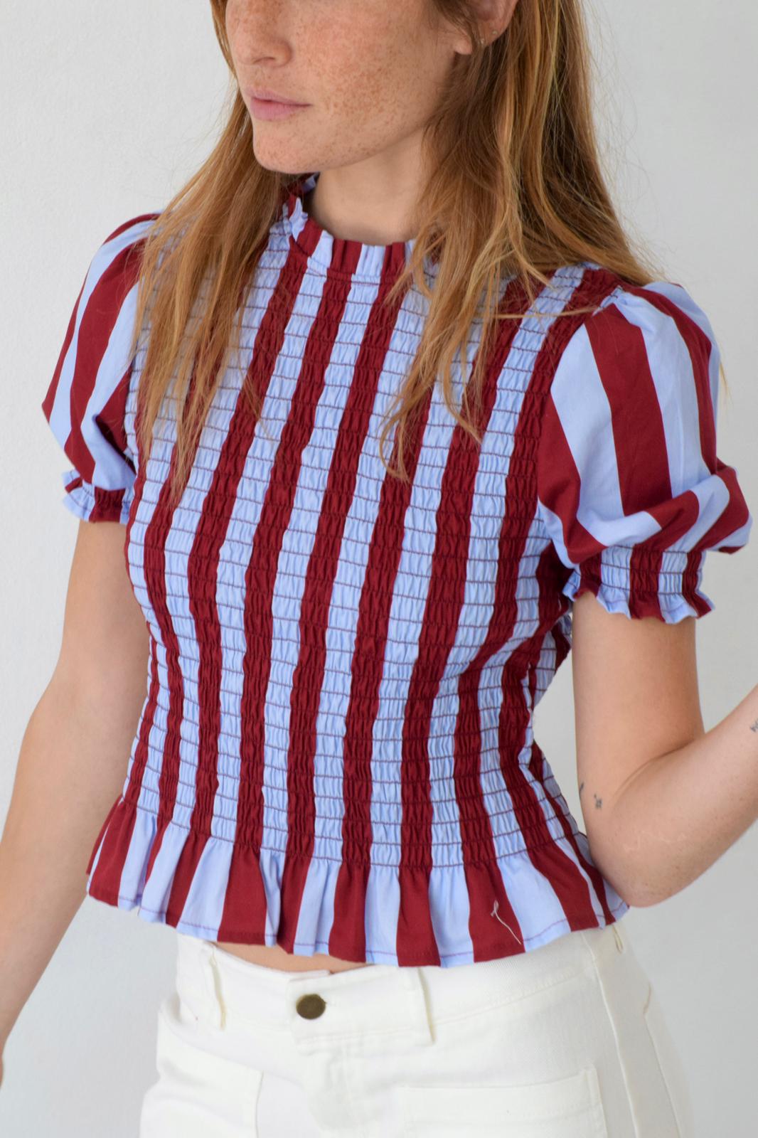 Blusa Chía Rayas Burgundy y Celeste Manga Corta