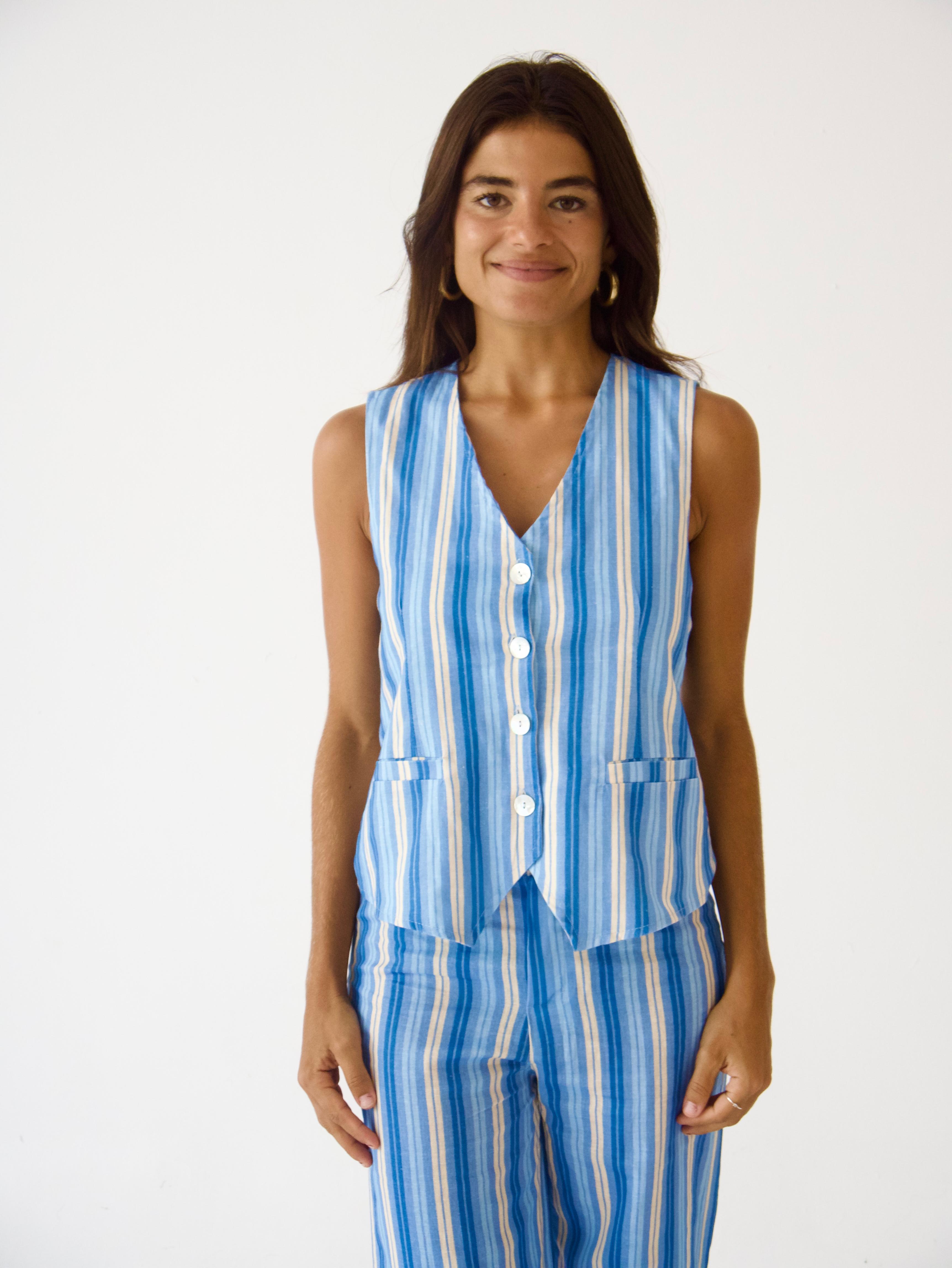 Top Chaleco Ana Azul Lino