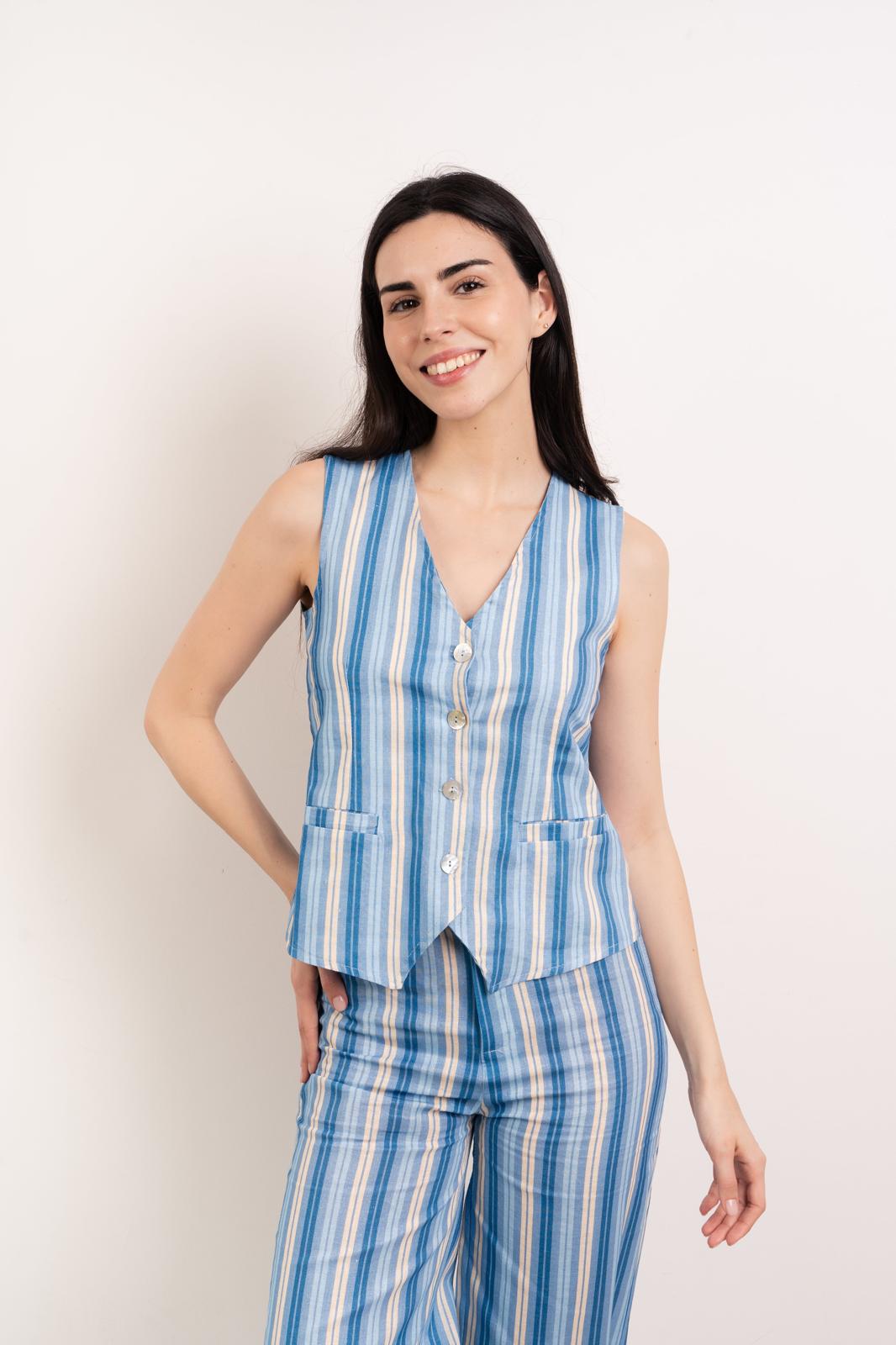 Top Chaleco Ana Azul Lino