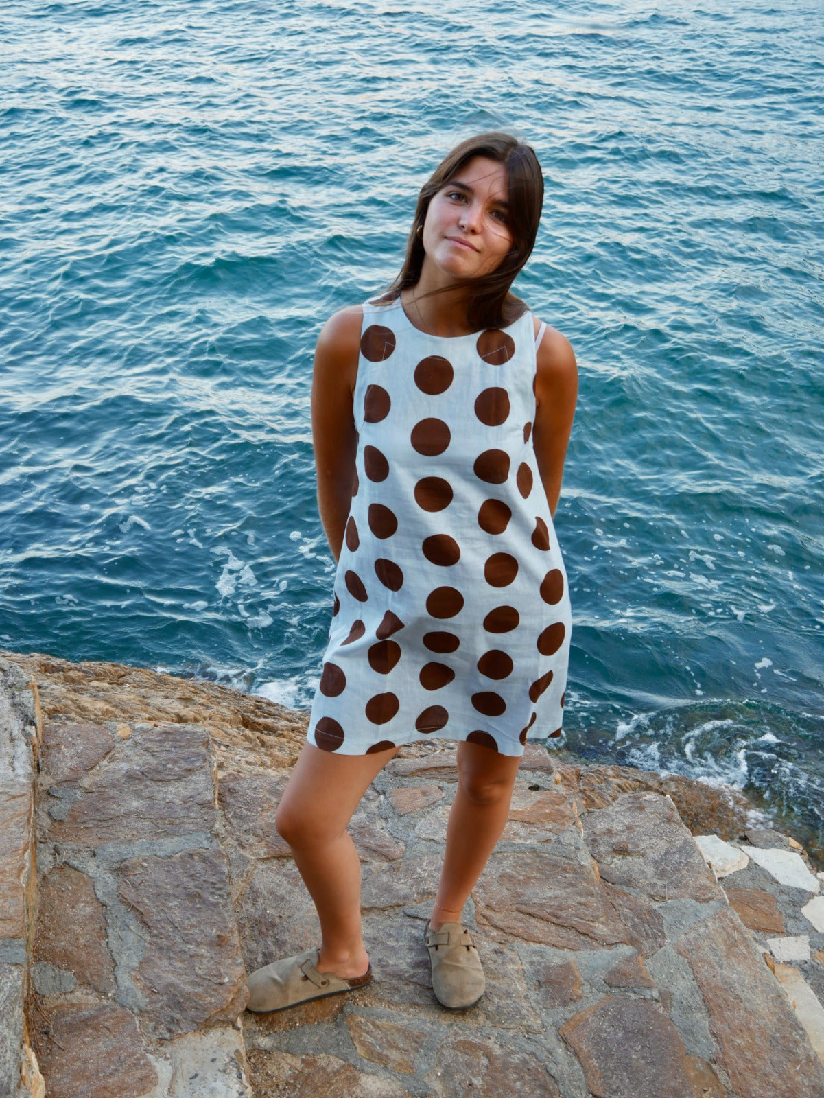 Vestido Macarena Lino Topos Celeste y Marrón