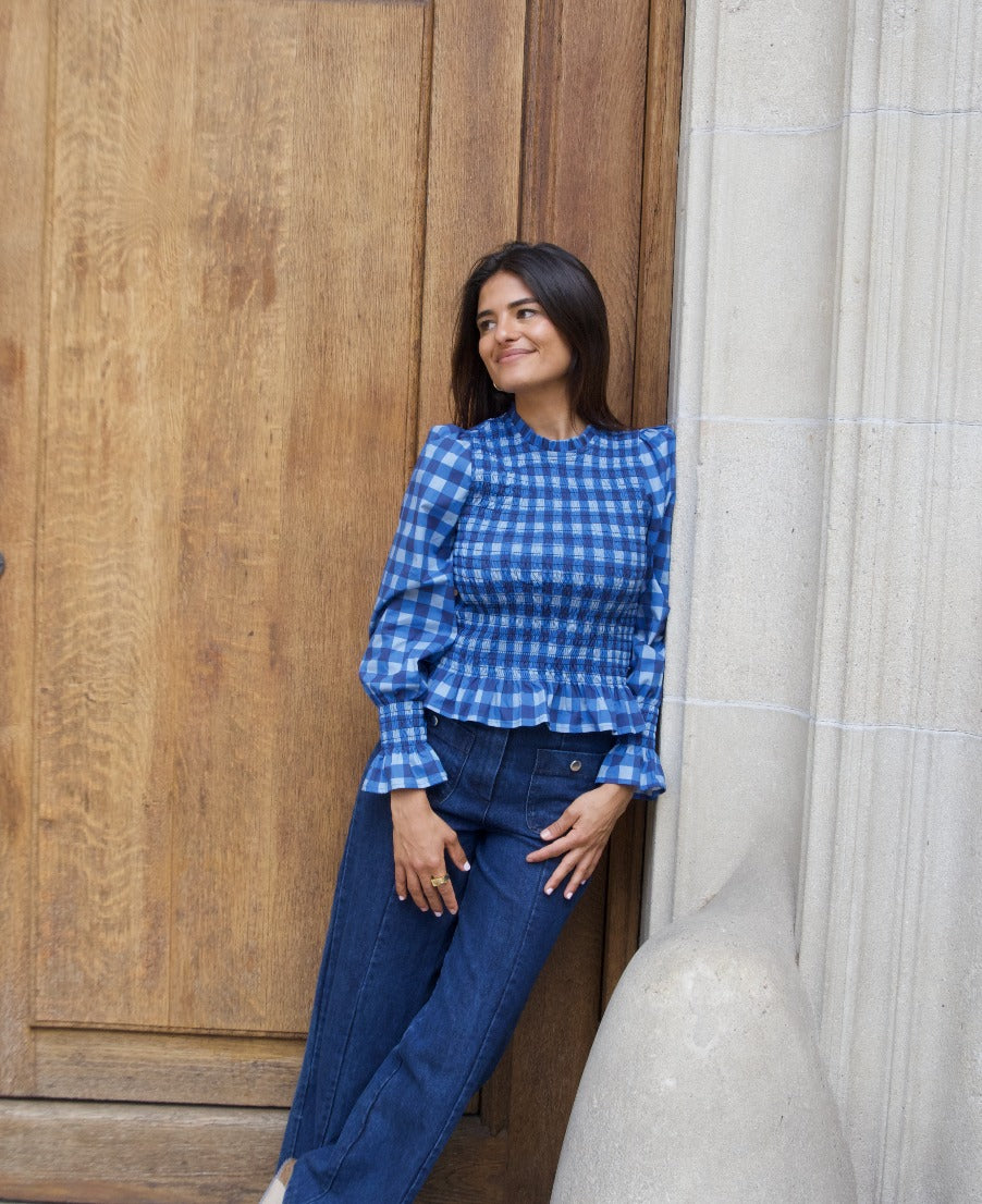Blusa Chía Algodón Cuadros Azul Marino
