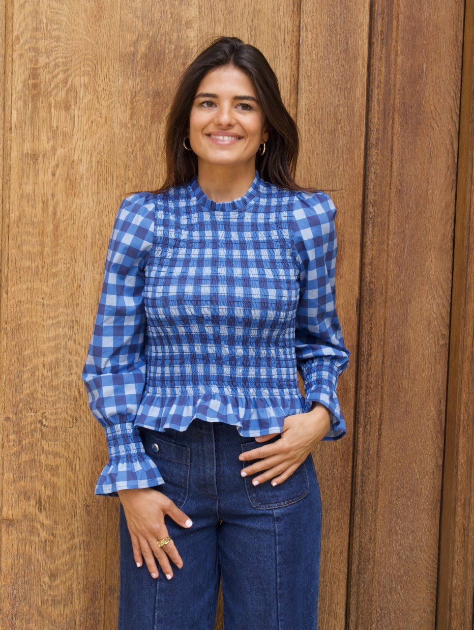 Blusa Chía Algodón Cuadros Azul Marino