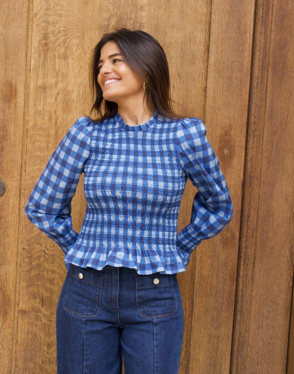Blusa Chía Algodón Cuadros Azul Marino