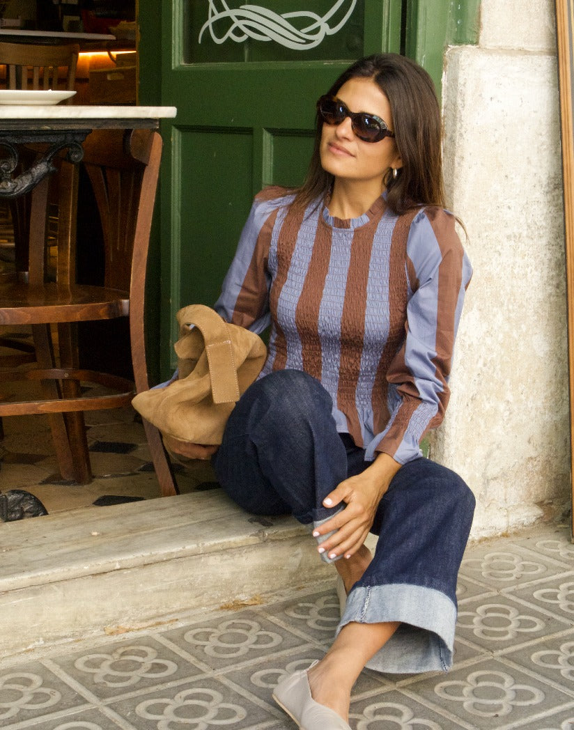 Blusa Chía Algodón Rayas Marrón y Azul Marino