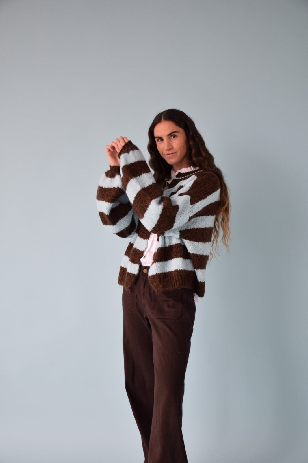 Aura Cardigan, Light Blue and Brown