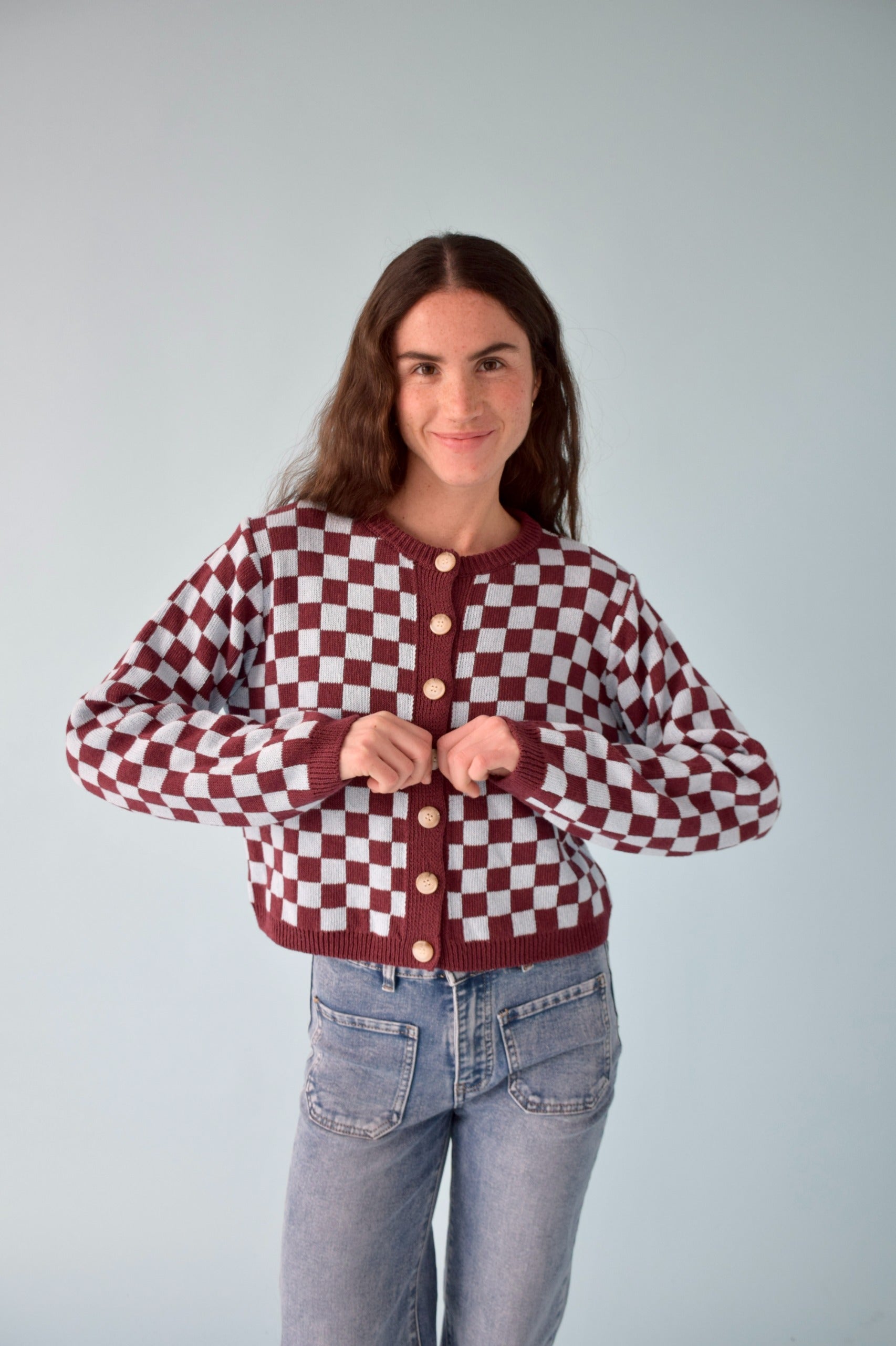 Cárdigan Martina Burgundy y Celeste