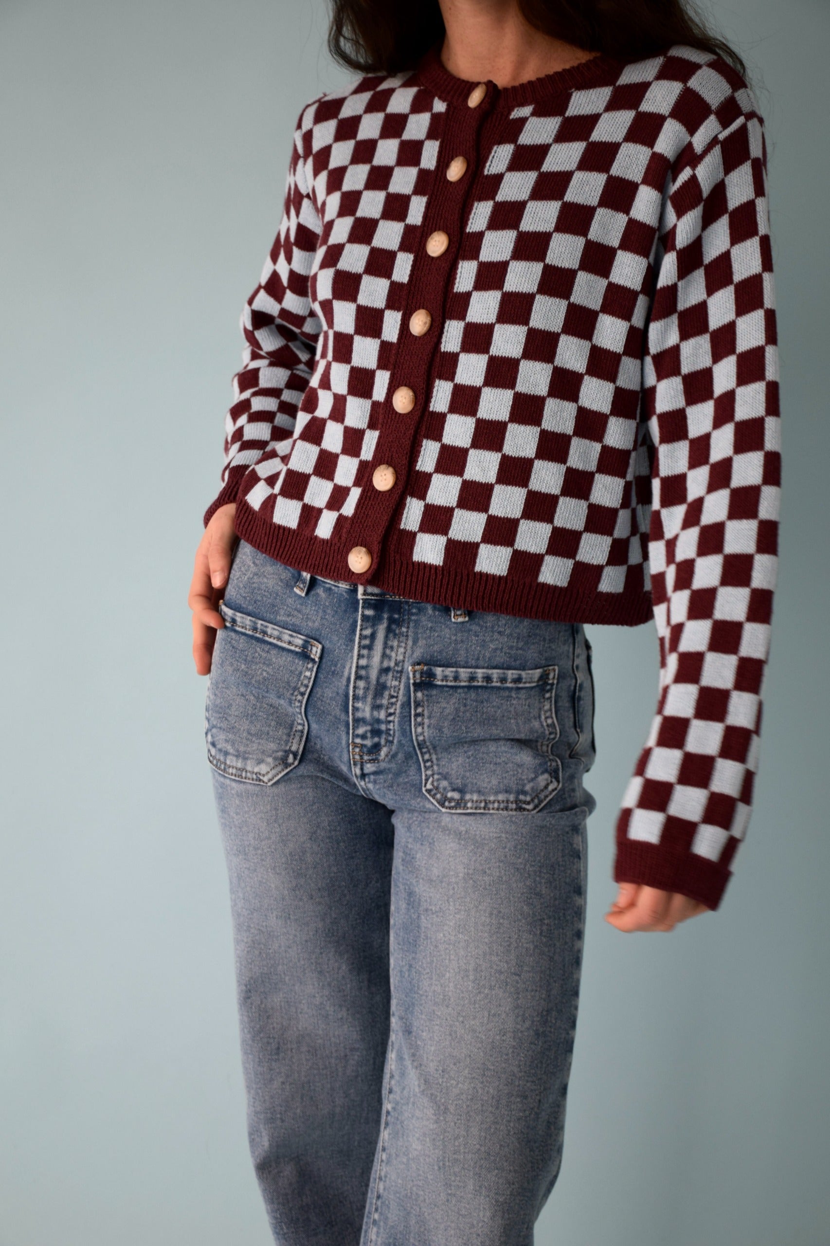 Cárdigan Martina Burgundy y Celeste