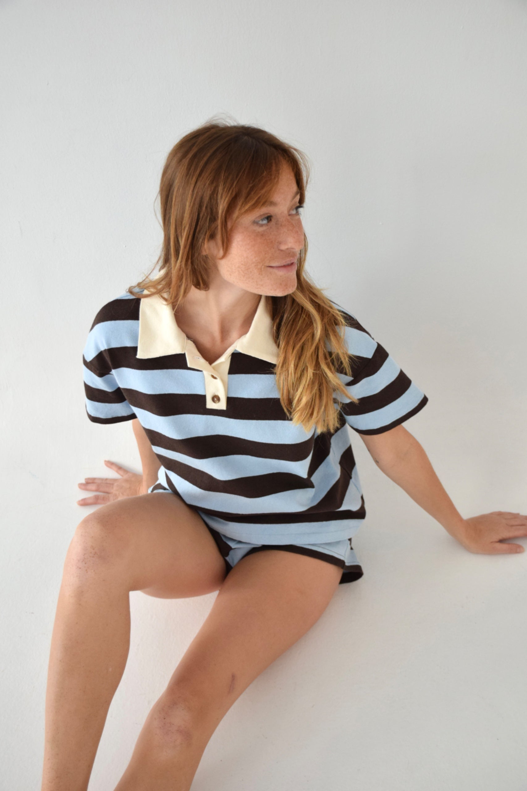 Polera Filipa Manga Corta Celeste y Marrón