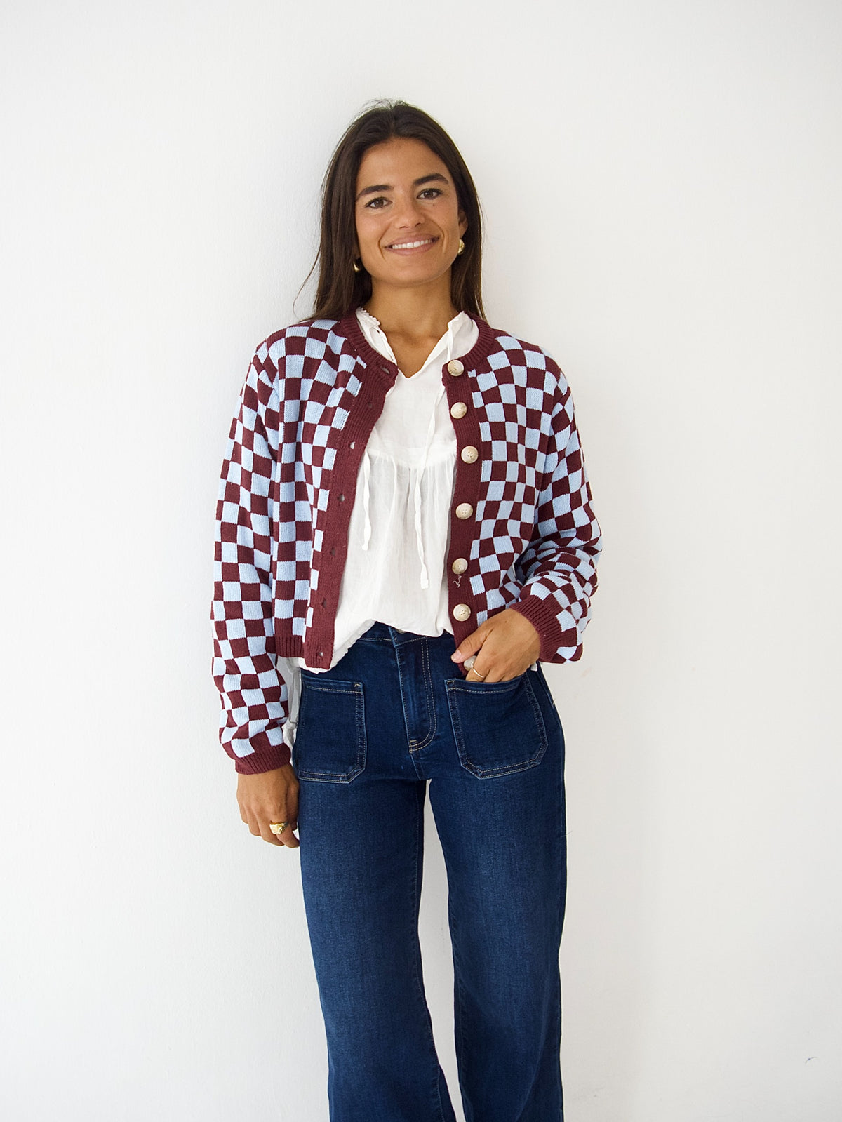 Cárdigan Martina Burgundy y Celeste