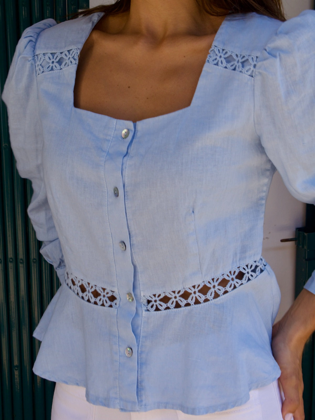 Roma Light Blue Linen Blouse