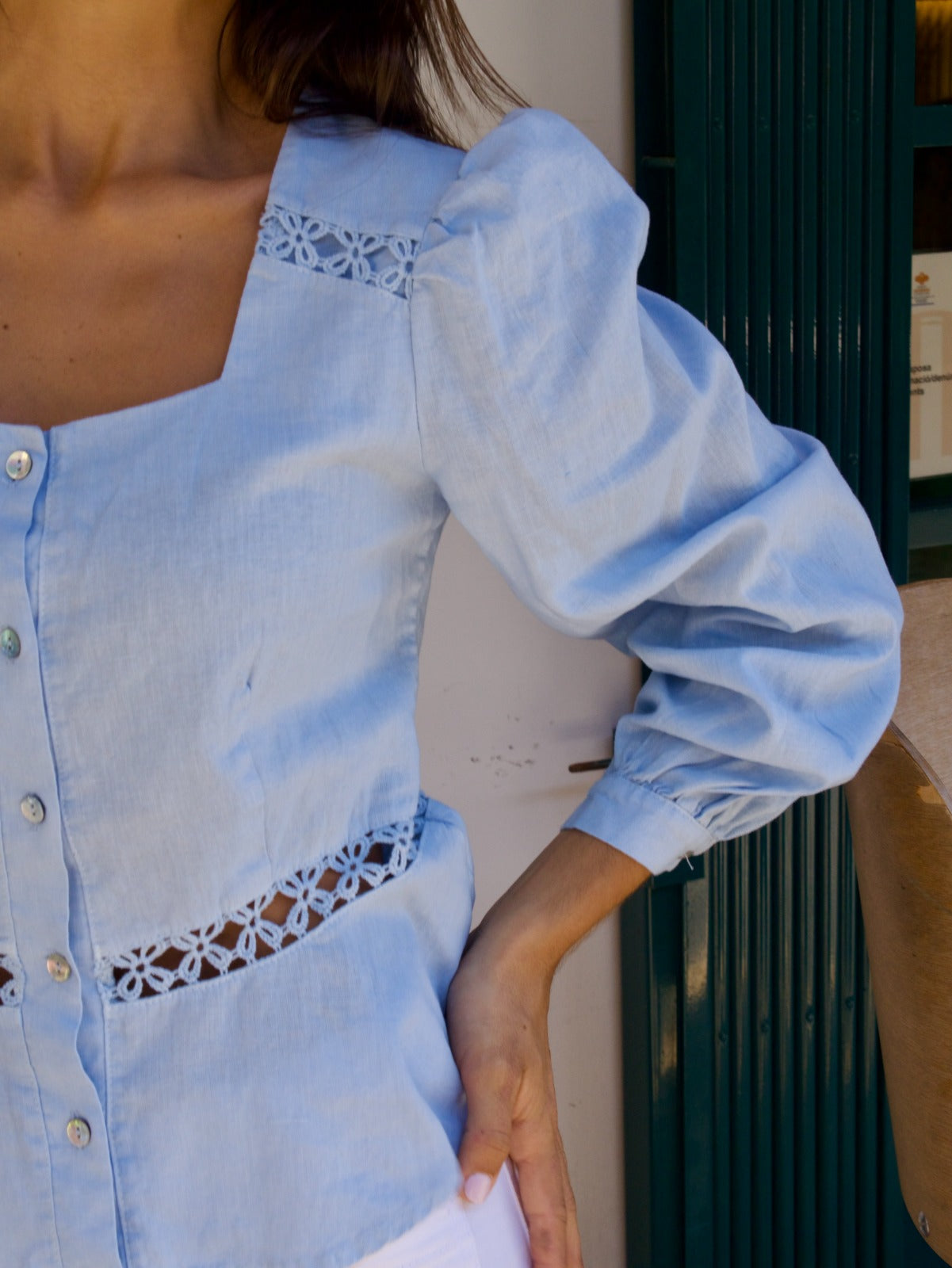 Roma Light Blue Linen Blouse