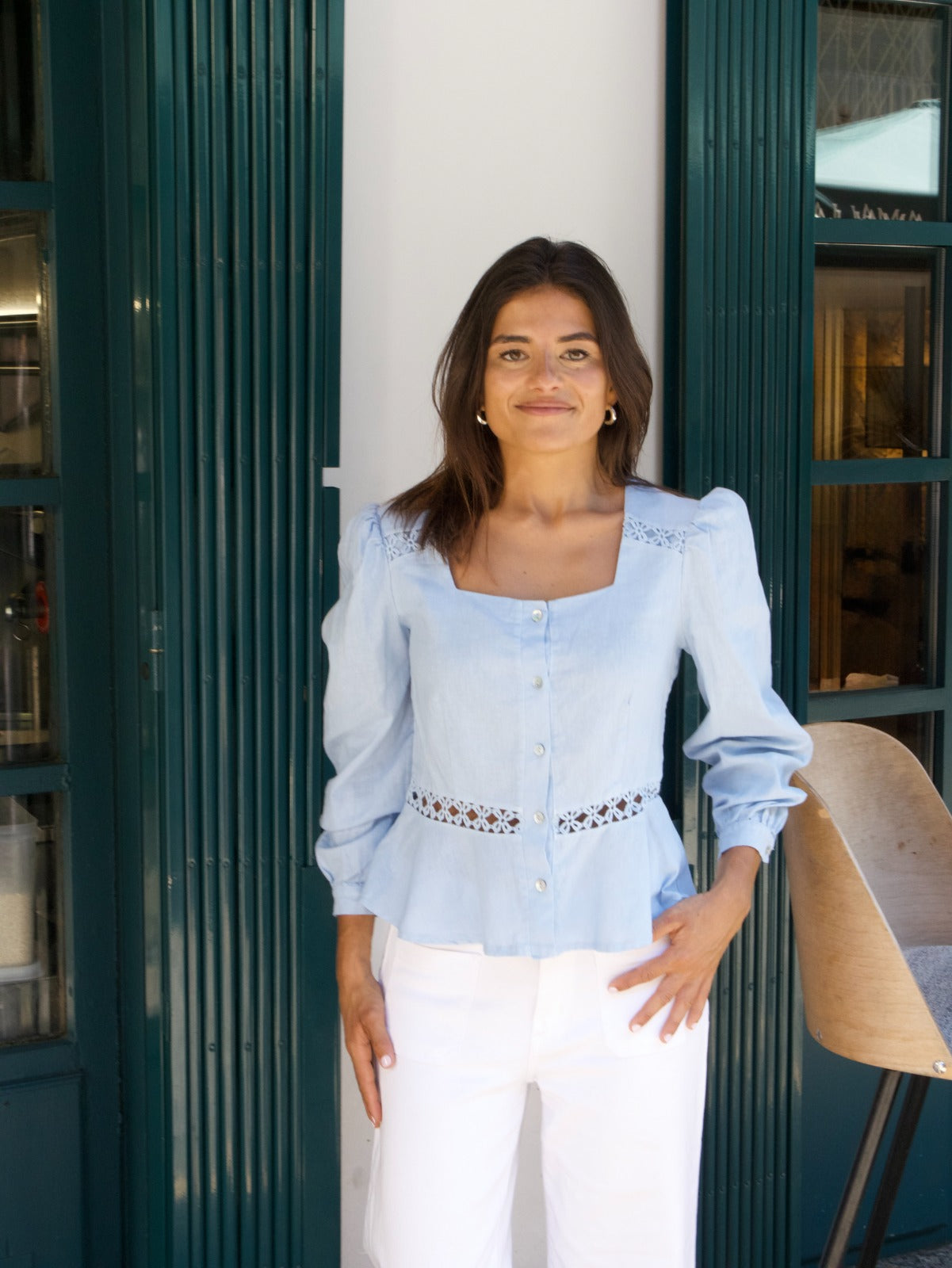 Roma Light Blue Linen Blouse