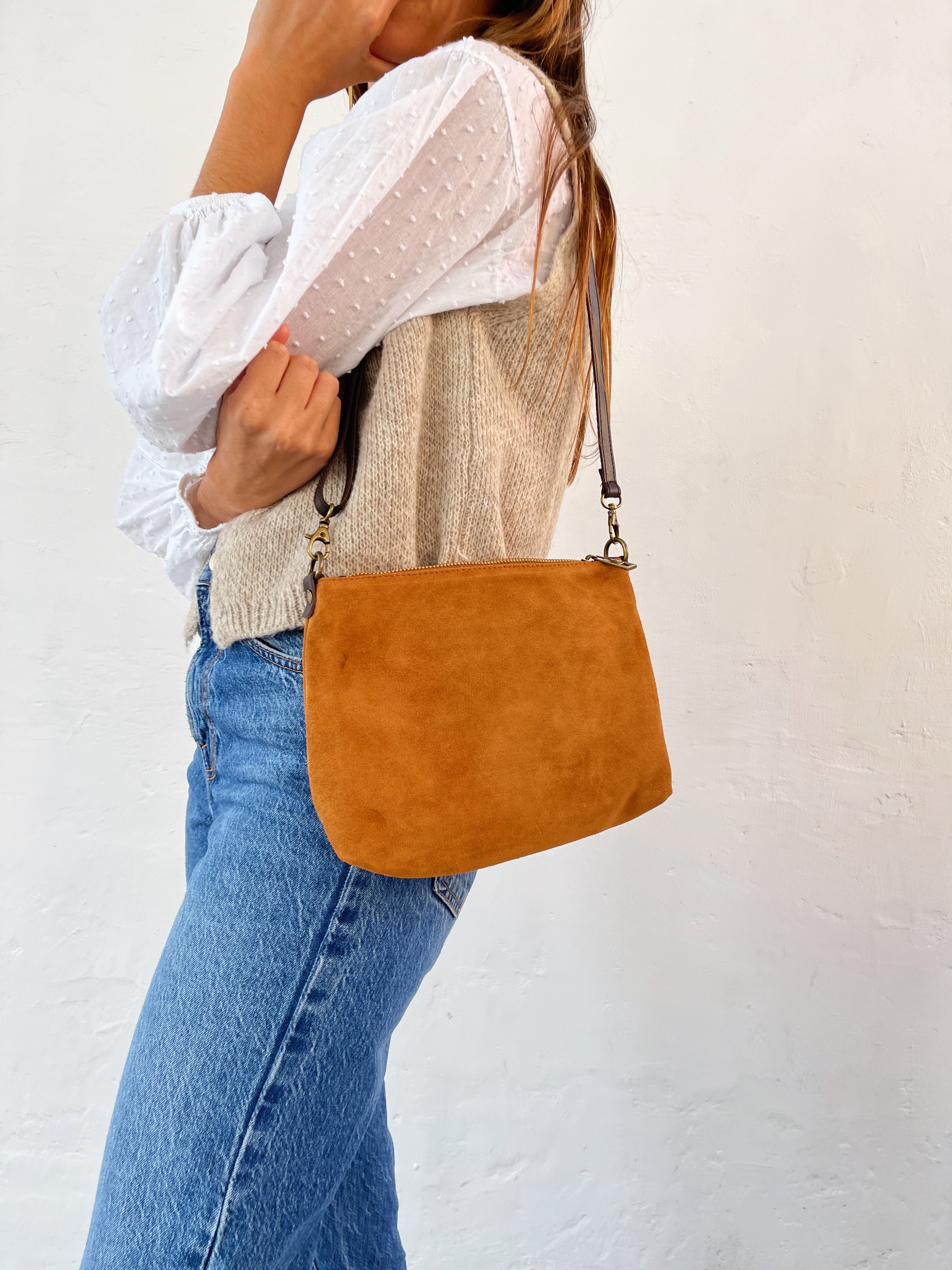 Camel Suede Crossbody Bag