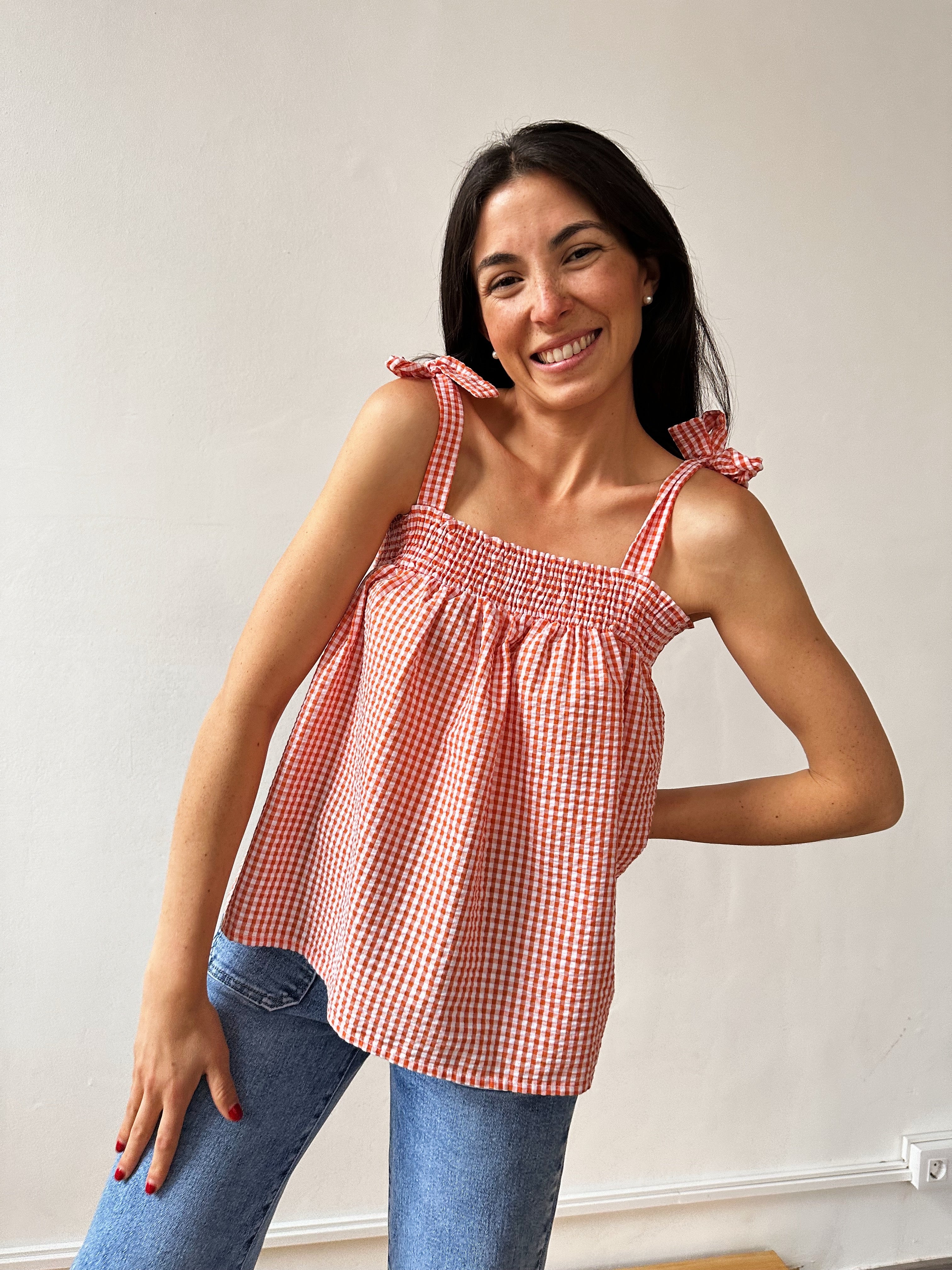 Mar Orange Gingham Top