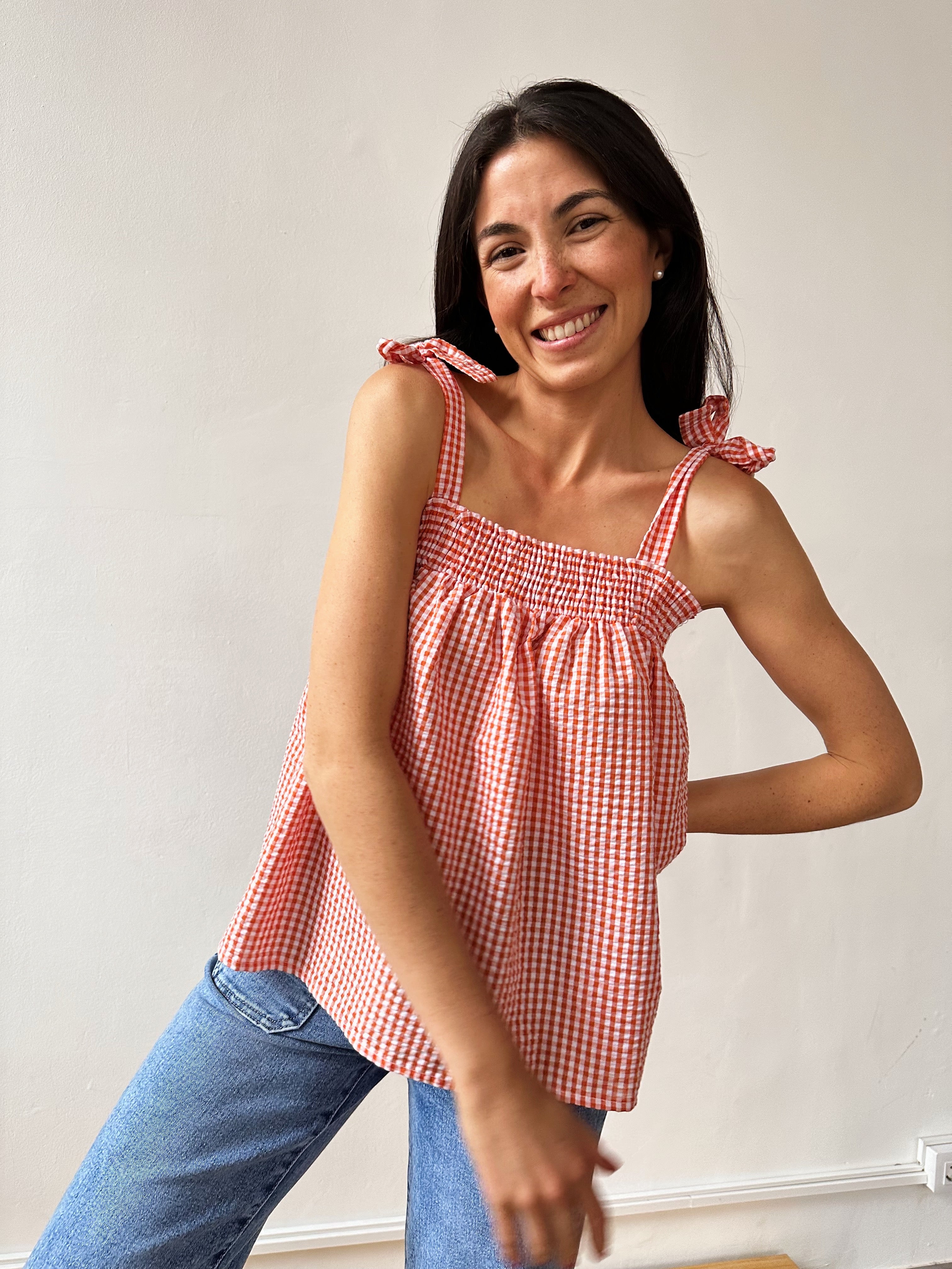 Mar Orange Gingham Top