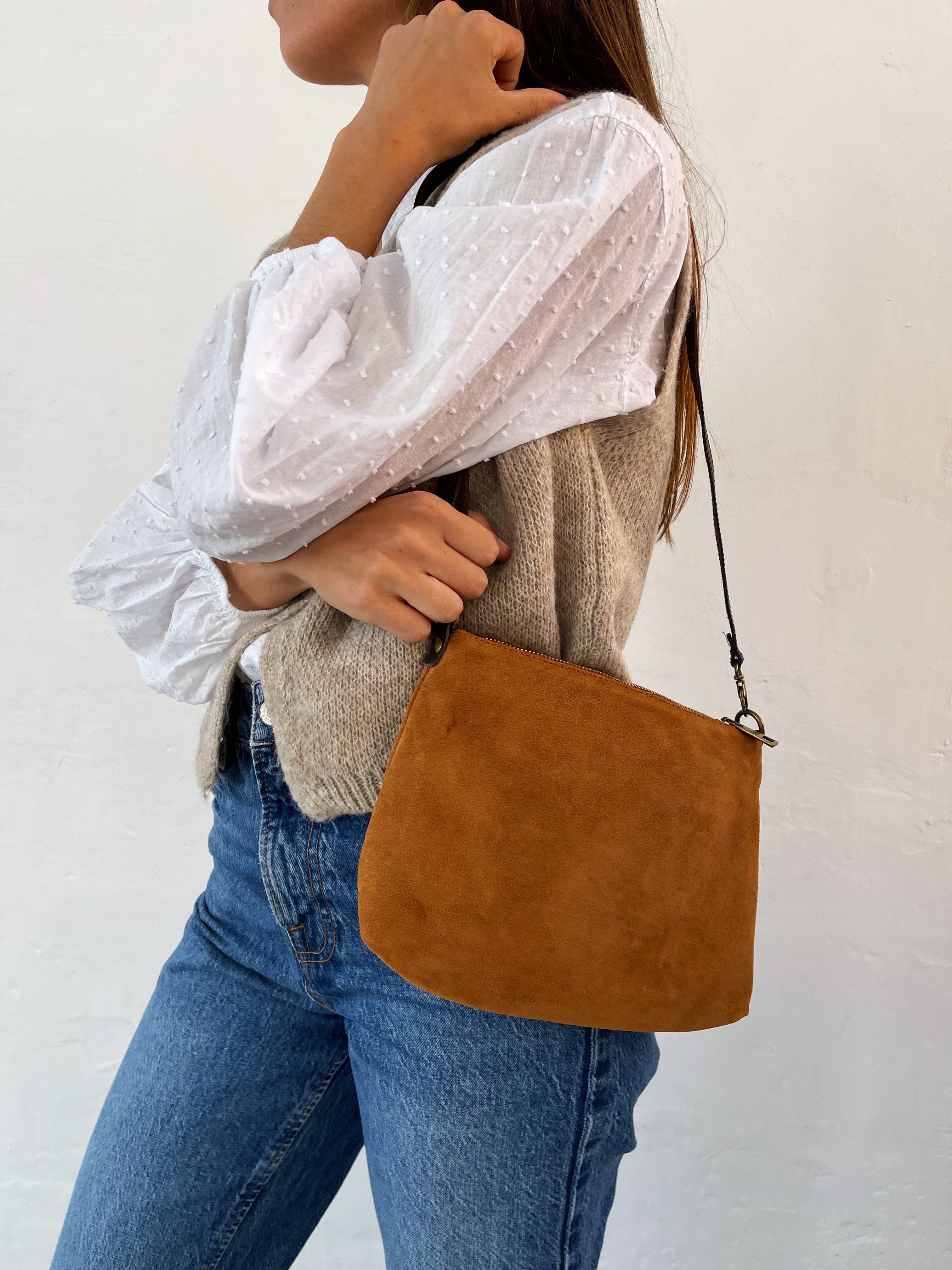 Camel Suede Crossbody Bag