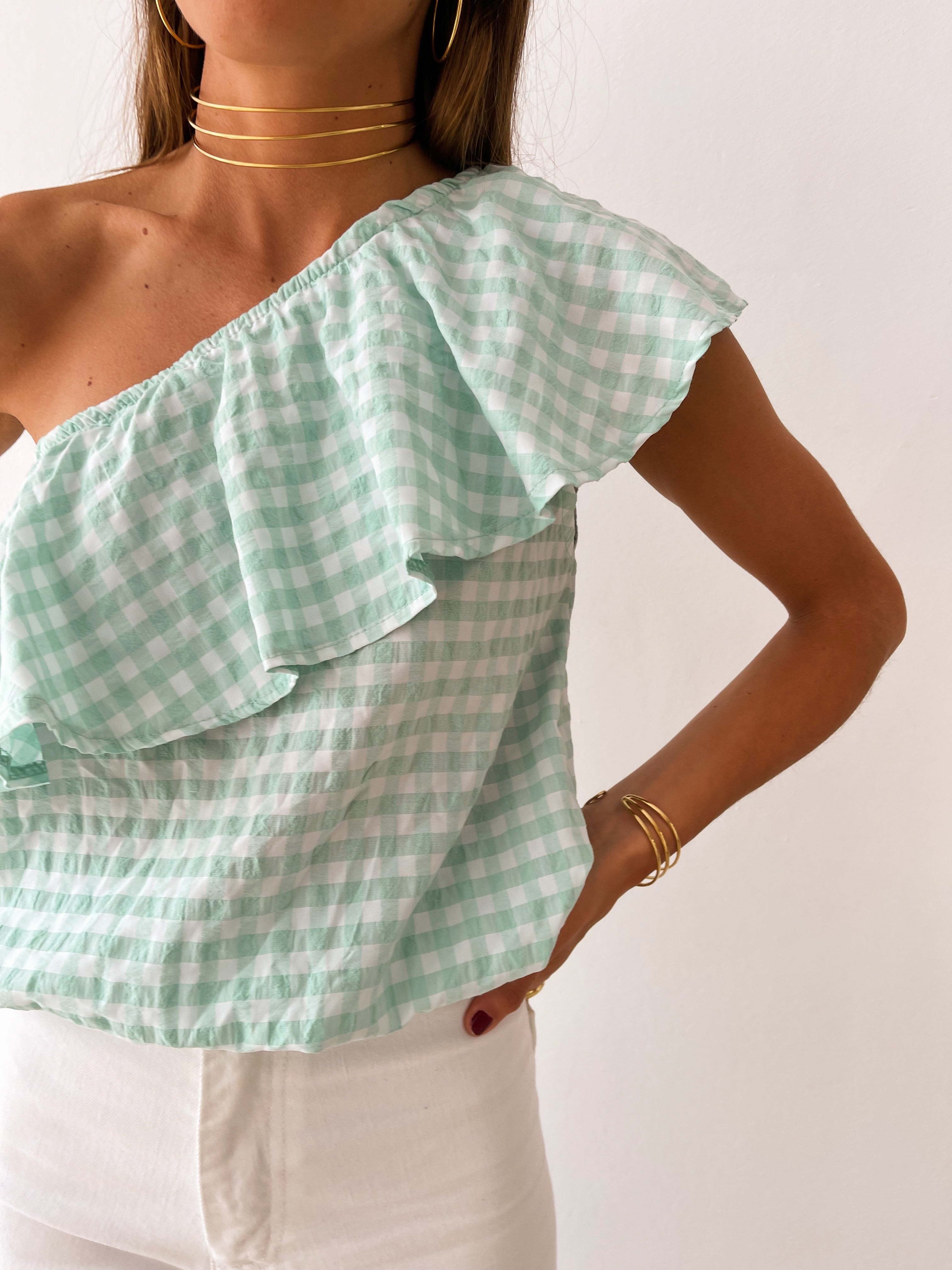 Top Vichy Ruffle Water Green