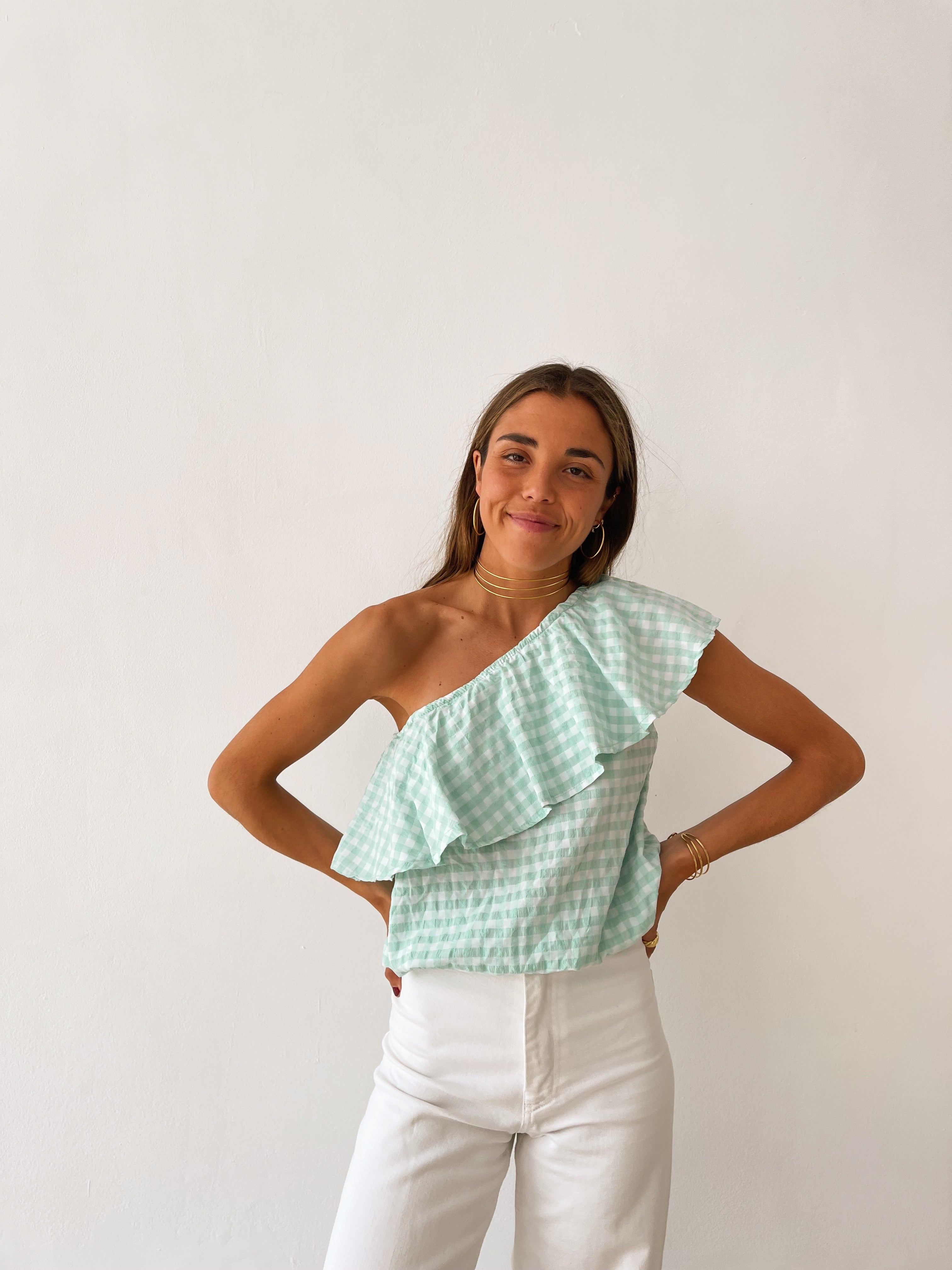 Top Vichy Ruffle Water Green