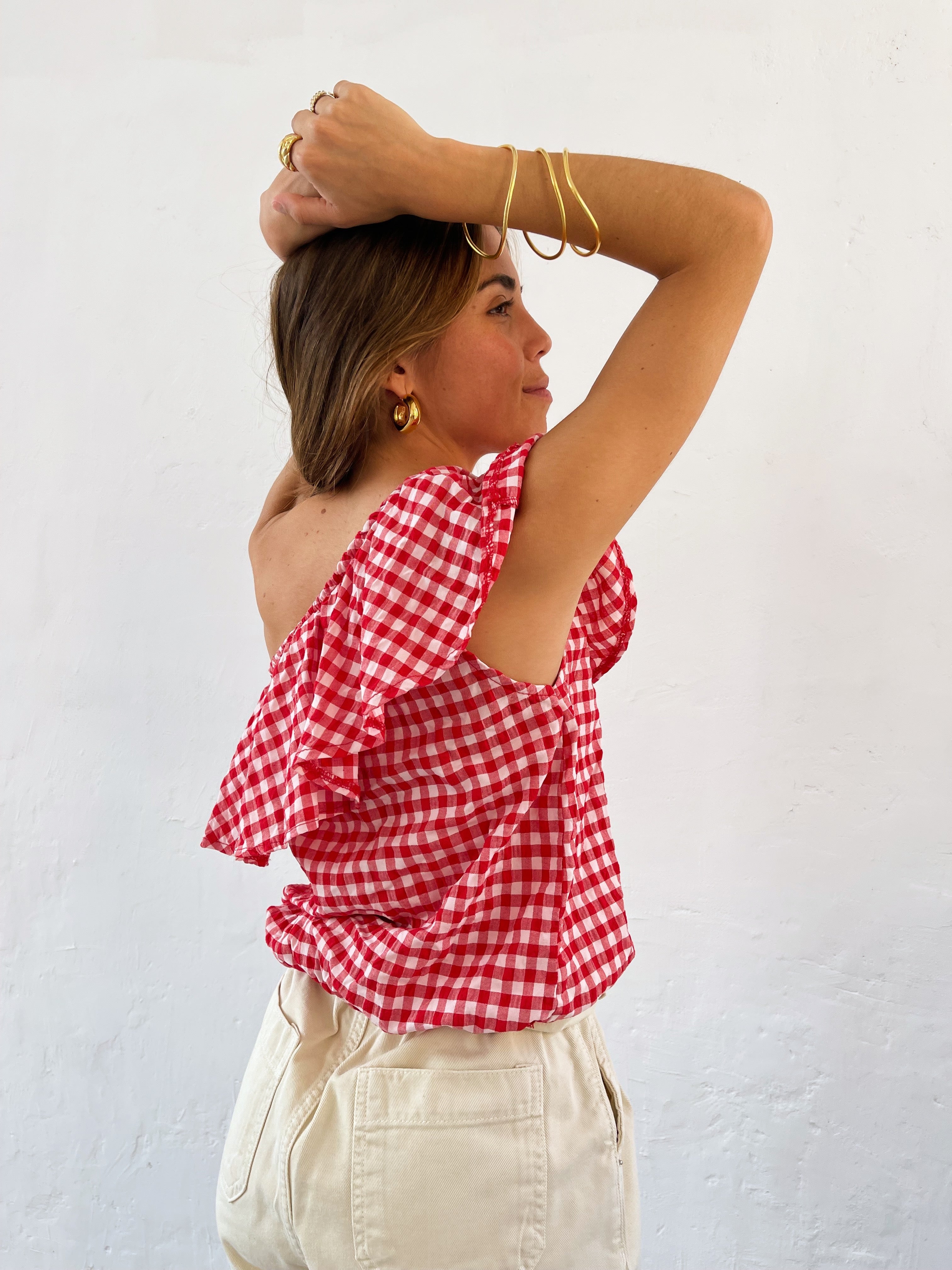 Red Vichy Ruffle Top