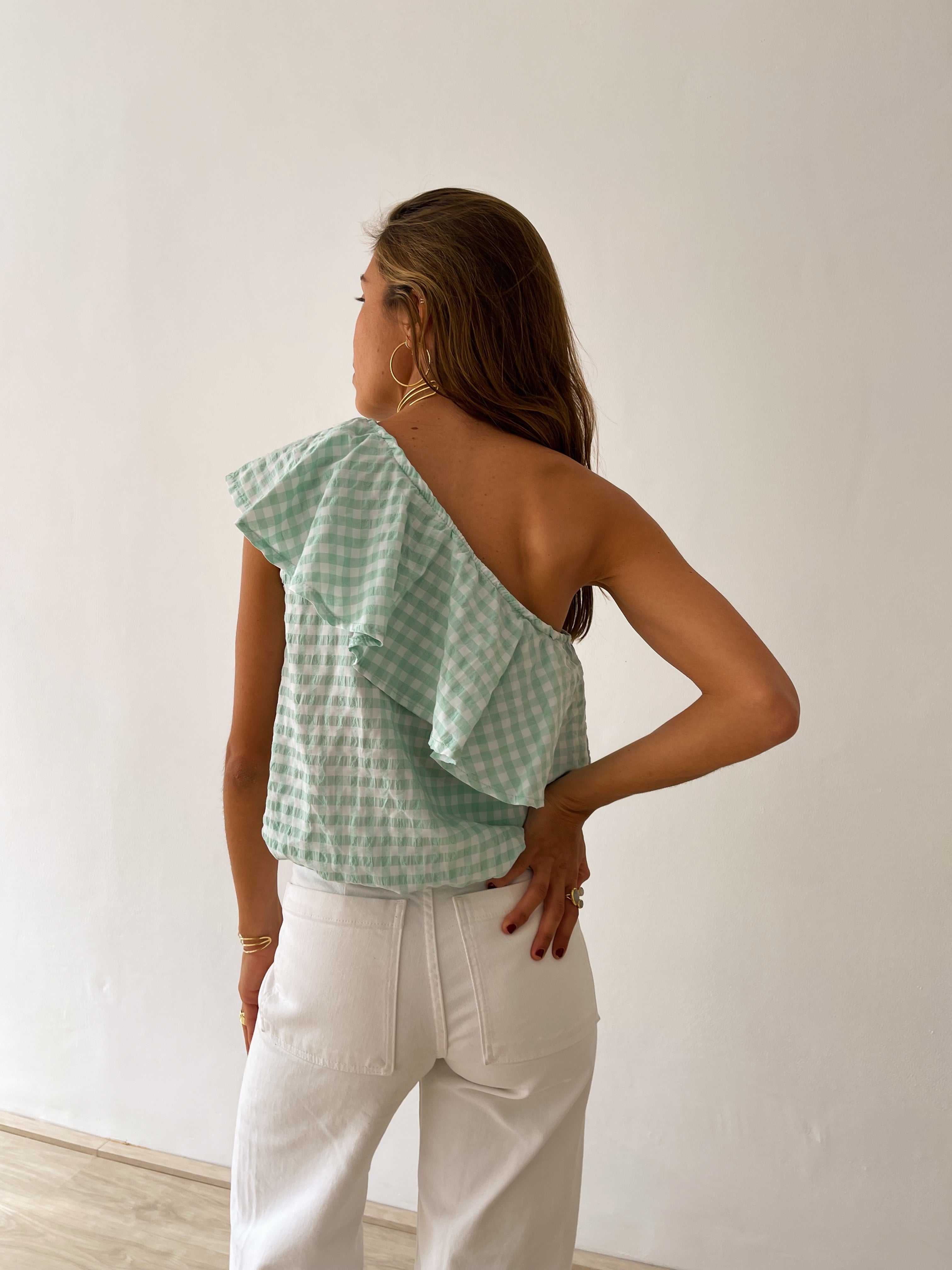 Top Vichy Ruffle Water Green